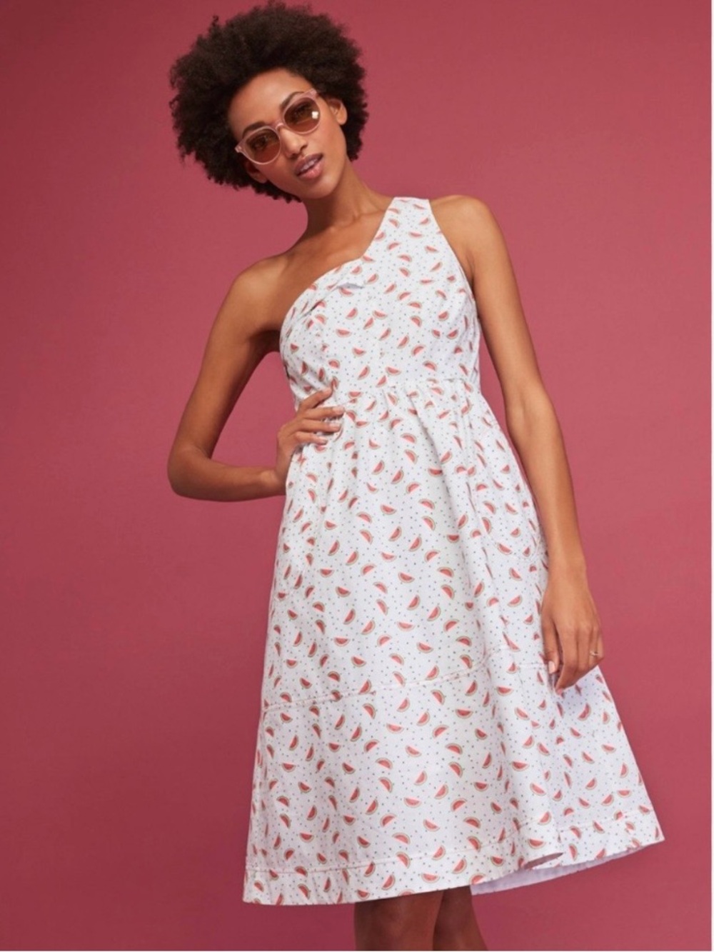 NEW Anthropologie HD in Paris Parkbound Watermelon Print One Shoulder Dress 12